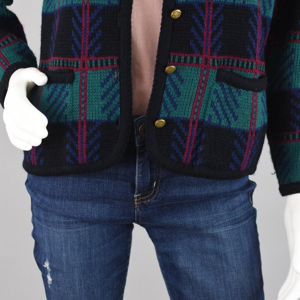 Tally-Ho Vintage 80s Plaid Cardigan, Black & Green, Women's Medium - Picture 3 of 10